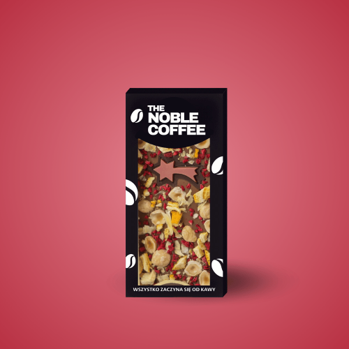 Czekolada świąteczna mleczna z orzechami laskowymi, pomarańczami i malinami, palarnia kawy Noble Coffee