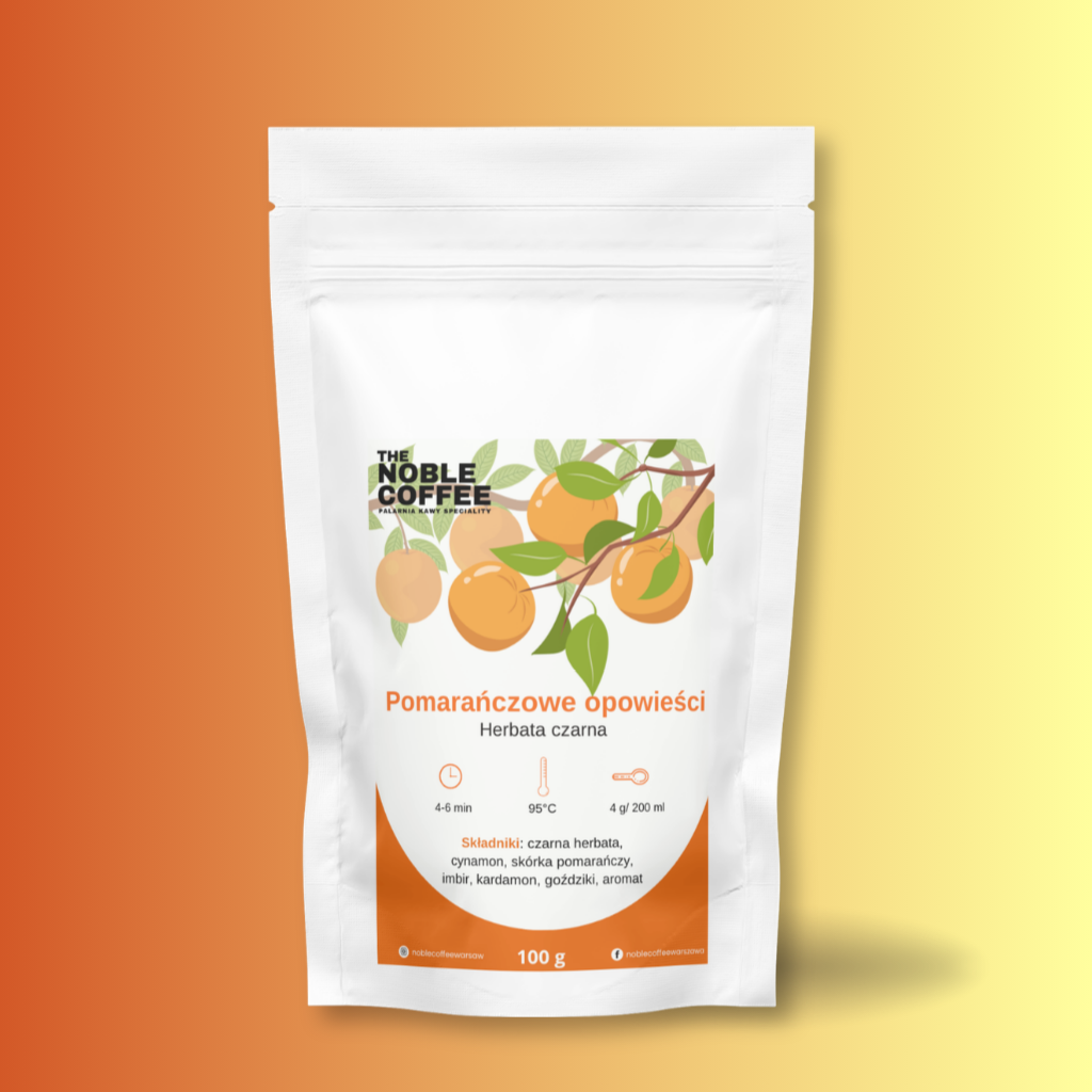 Herbata liściasta Pomarańczowe Opowieści – czarna herbata z pomarańczą, imbirem i wanilią – Noble Coffee